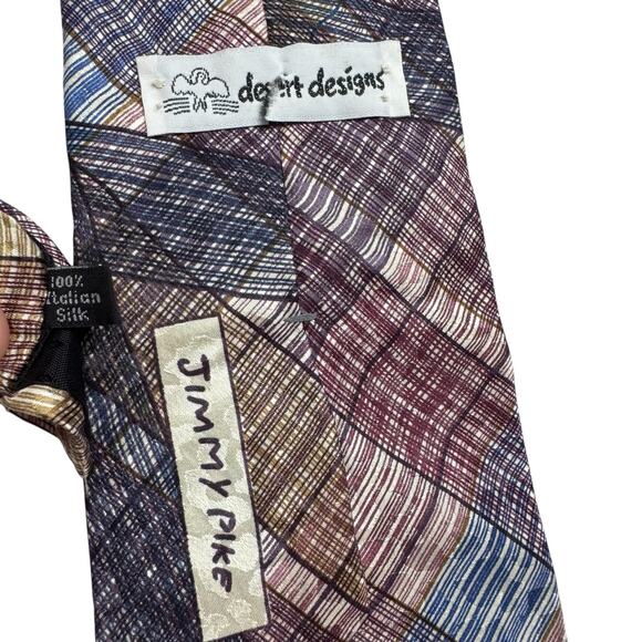 JIMMY PIKE Desert Designs Aboriginal Line Art 100% Silk Tie Red Tan Blue USA - Picture 2 of 6